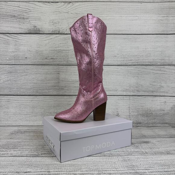 Top Moda Women's Pink Imogen Embellished Studded Sparkle Western Boots Size 7.5 - Picture 3 of 9
